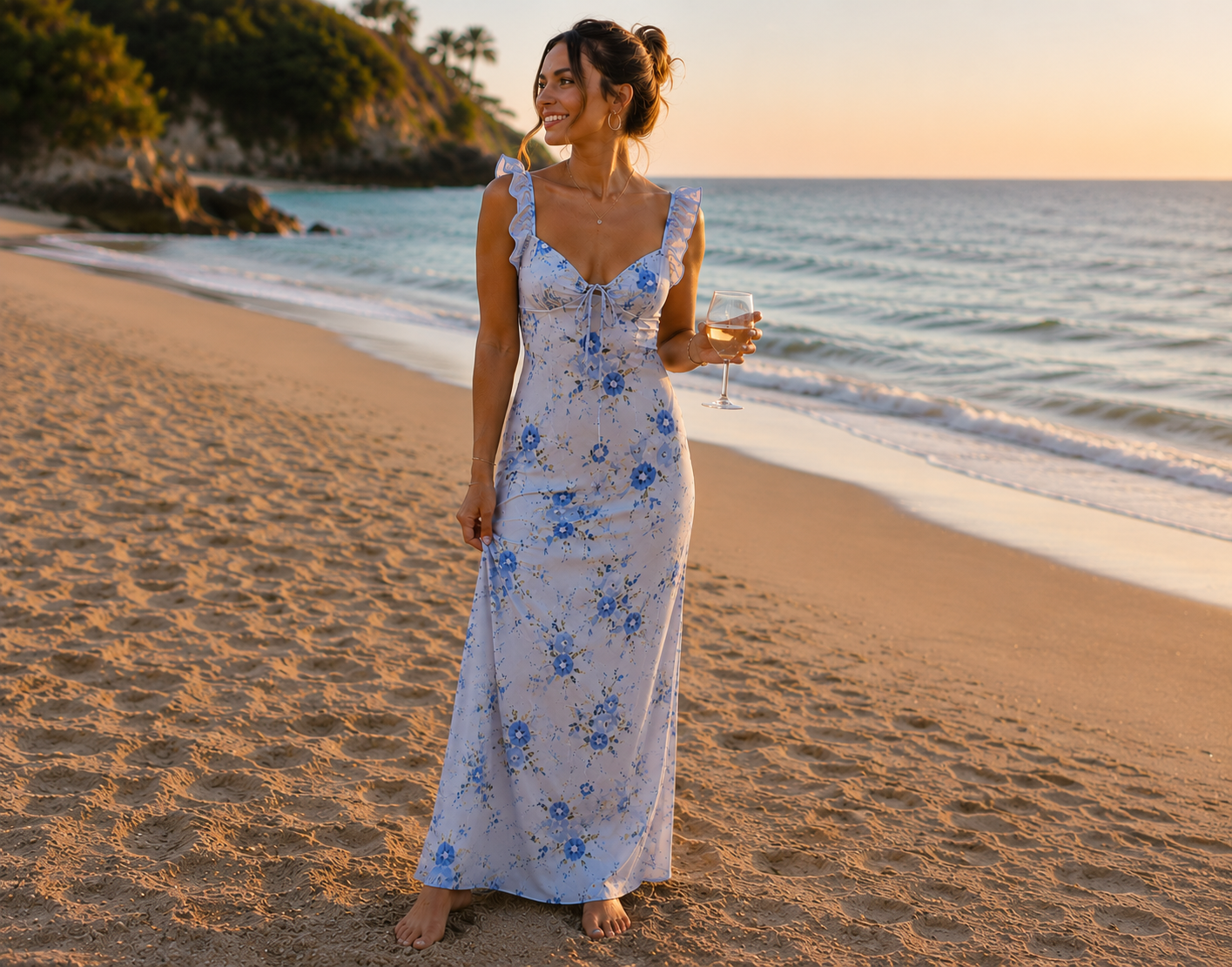 Sexy Floral Women's Long Dress with Deep Neckline and Open Back