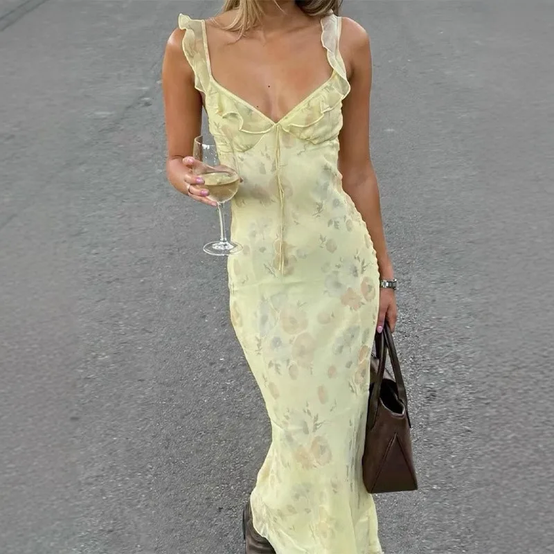 Summer Flower Printed Women's Sexy Low-cut Dress Sleeveless Backless Slim Sling Dresses